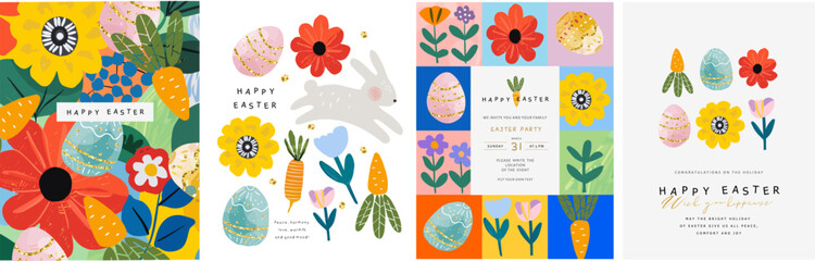 Happy Easter! Vector cute naive simple gouache illustrations of Easter eggs, bunny, carrot, pattern, flowers, tulip, snowdrop, for greeting card, invitation or background