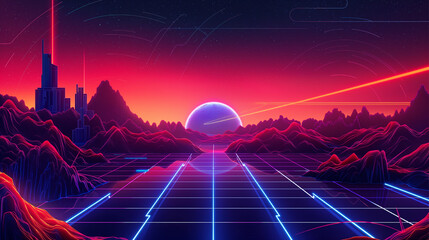 80s retro art, with a neon light and a mountain in the background. AI generated.