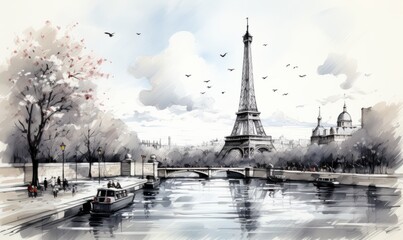 Retro style. Pastel colors . A bright picture with the sights of Paris. splashes of color. An emotional picture eiffel tower