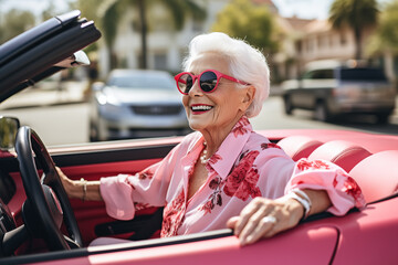 A happy elderly woman with grey hair in bright clothes and red sunglasses drives a sports car in a resort.
