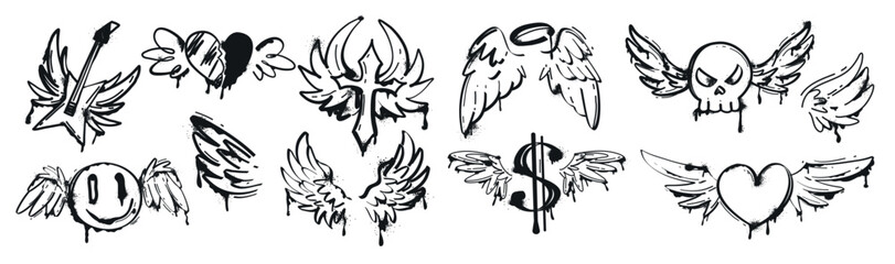 Spray paint graffiti wing with drips and splatter. Black inky human skull, rock guitar, dollar icon, cross, angel emoji and flying heart with wings. Grunge airbrush street style symbols and stickers. - obrazy, fototapety, plakaty