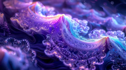 Zelfklevend Fotobehang Surreal violet waves with sparkling particles, creating an abstract cosmic landscape.  © CamiloA
