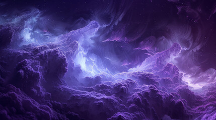 Surreal violet waves with sparkling particles, creating an abstract cosmic landscape. 