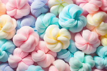 Colorful cotton candy in soft pastel color background, close up of pink and white candy, Generative AI  - obrazy, fototapety, plakaty