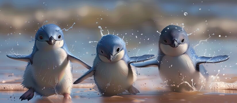 Three adorable little blue penguins are splashing and playing in the water under the bright sun.
