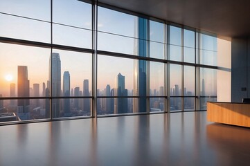 Empty modern interior space or Empty Business Office Interior with skyscraper city view in sunset