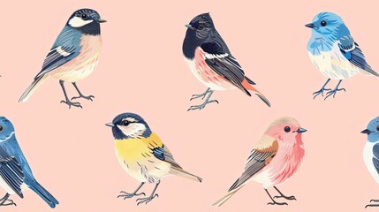 Bird wallpaper in style of colorful cartoons. Design for banner, poster, wallpaper, background.