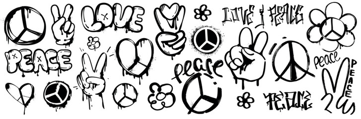 Spray paint graffiti peace pacific symbol, hand gesture V sign isolated on white background. Brush black heart icon and love word with inky drips and splatter in grunge style, vector design street art © redgreystock