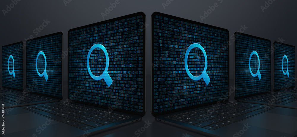 Aufkleber laptop devices forming an angle with a magnifier search icon on their screens on a dark background. 