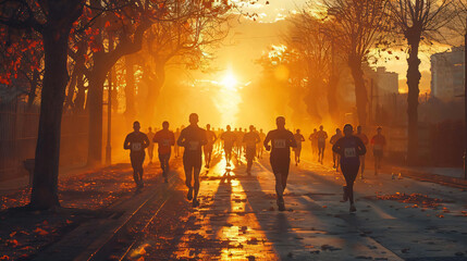 The quiet determination of marathon runners at dawn, documentary capture - (1) - obrazy, fototapety, plakaty