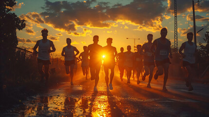 The quiet determination of marathon runners at dawn, documentary capture - (2) - obrazy, fototapety, plakaty