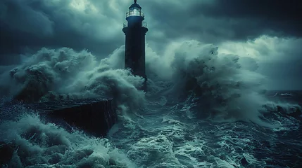 Rolgordijnen The solitude of lighthouses against stormy seas, documentary approach - (1) © Krittameth