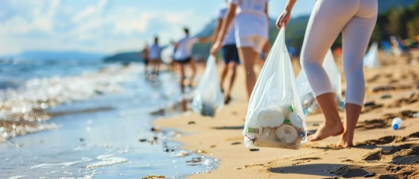 Shoreline Cleanup, Volunteers cleaning a beach, focusing on plastic waste collection.
