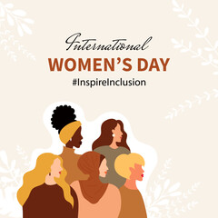 International Women's Day flyer. Banner for March 8 sale with floral decor and group of female character. Flat vector illustration.