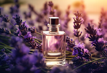Obraz na płótnie Canvas Mockup of bottle of perfume in a lavender garden