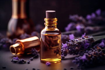 Mockup of a glass bottle of lavender essential oil
