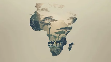 Fotobehang Africa travel map, decorative symbol of Africa continent with wild animals silhouettes © Emil