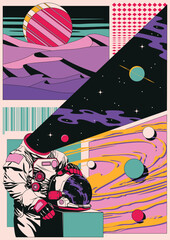 Abstract Cosmic Poster. Astronaut with Helmet, Planet over Sands, Space Illustration  - obrazy, fototapety, plakaty