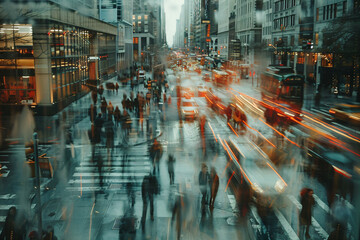 Busy city street with blurred motion of pedestrians. Urban life and movement concept. Dynamic cityscape scene for poster, wallpaper with abstract interpretation of rush hour