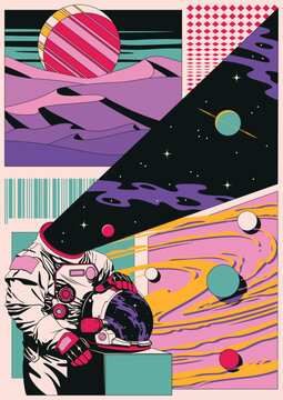 Abstract Cosmic Poster. Astronaut with Helmet, Planet over Sands, Space Illustration 