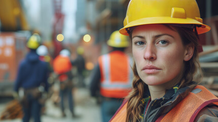 Female construction worker with safety helmet at construction site. Close-up portrait with selective focus and blurred workers in the background.