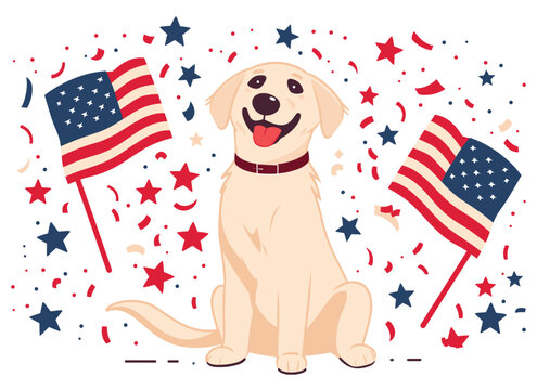 Vector 4th of July patriotic dog illustration with American flag on both sides, confetti Independence-themed design background