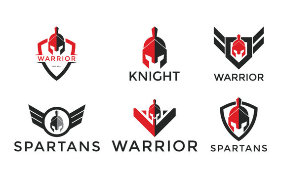 set of spartan helmet warrior logo design with shield vector template