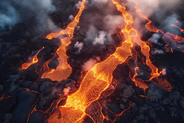 Aerial view of lava flowing from volcano during an eruption