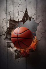 A 3D basketball breaking concrete wall