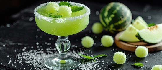 A glass filled with a vibrant green margarita with a salt rim sits next to a sliced watermelon on a black backdrop. Melon balls add a decorative touch to the composition.