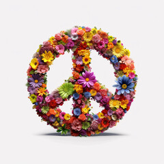 Peace symbol made of flowers on white background