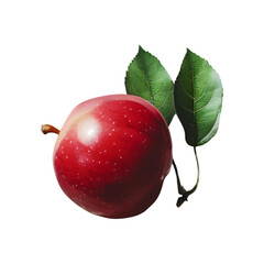  An overhead shot of a single red apple adorned with a lush green leaf, transparent background.