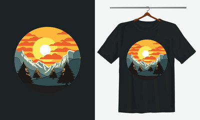 Mountain and sunset black t-shirt  design, vector illustration