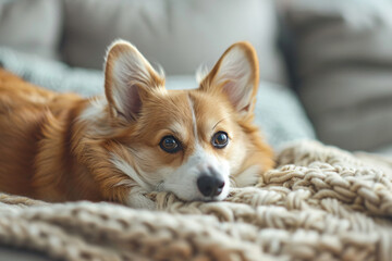 Single Corgi dog lying on a textured blanket. Close-up pet relaxation concept. Design for greeting card, poster. Detailed animal portrait with a focus on eyes