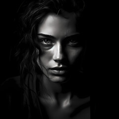 Dramatic black and white portrait of a person with strong emotions.