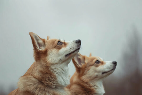 Two Corgi dogs looking up. Black and white studio pet portrait with copy space. Friendship and animal communication concept. Design for greeting card, poster