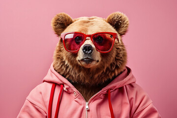 bear wearing sunglasses and a pink hoodie