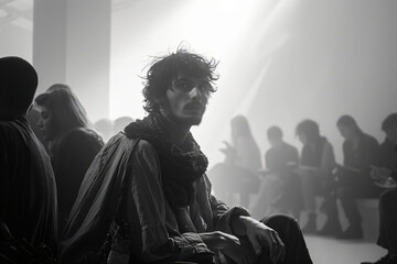 Man at a fashion show in dramatic lighting. Black and white artistic photography. Fashion and style concept. Design for magazine spread, fashion blog