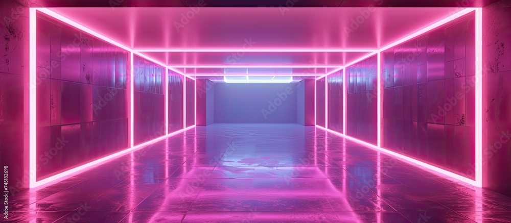 Poster an empty virtual room is depicted, featuring a long hallway illuminated by neon lights. the neon lig