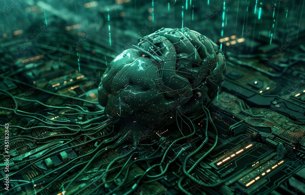 Poster a 3d render of a cybernetic brain processing information