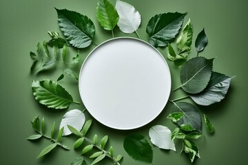 White round template podium mockup natural organic cosmetic product presentation advertisement with green fresh leaves nature frame flat lay background trendy flatlay backdrop. generative ai.