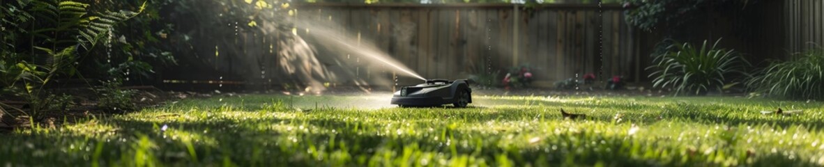 A backyard with a robotic lawn mower and automated sprinkler system