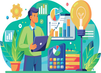 Businessmen evaluate data with a lightbulb, data scientists analyze data for business insight, intelligence information on marketing research, analytics visualization dashboard, charts