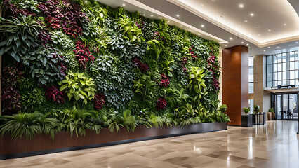 Fototapeta na wymiar the indoor plant walls are the focal point of the lobby 