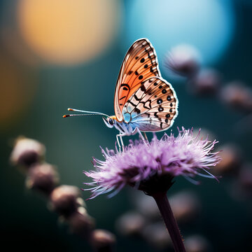 Macro shot of a butterfly perched on a flower. 