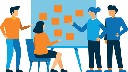Discussions about workshops or business, meetings or brainstorming sessions, training sessions, questions and answers, and business people in a room equipped with sticky notes and a whiteboard.