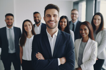 Confident Business Professionals Smiling Directly at Camera in Workplace Environment