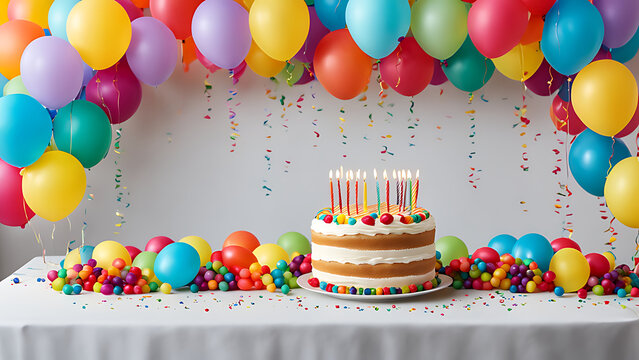 Realistic high-quality image of a beautiful garland of bright multicolored balloons, next to which there is a large cake on the table. Birthday decoration

