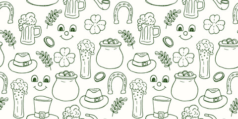 Seamless vector pattern for St. Patrick's Day. Beige background with green doodle illustrations of beer, gold, clover leaves and funny gnomes.
