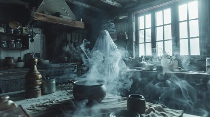 A friendly ghost cooking in an old rustic kitchen preparing spectral dishes that float in the air - obrazy, fototapety, plakaty
